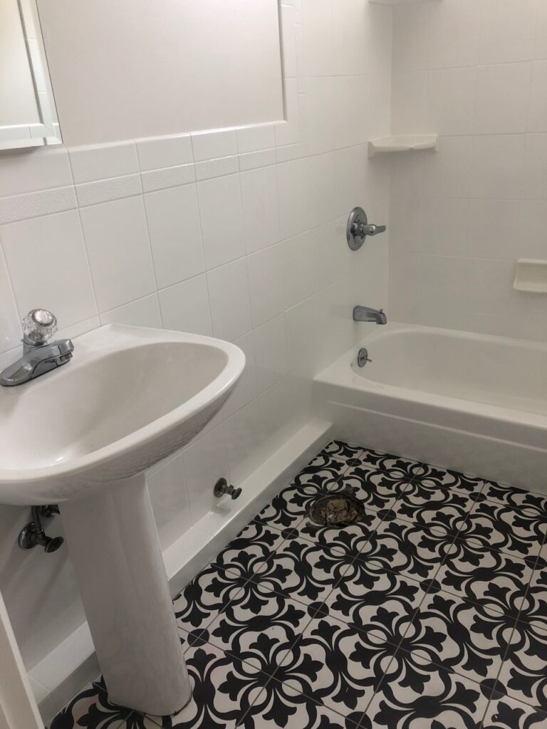 a black and white bathroom